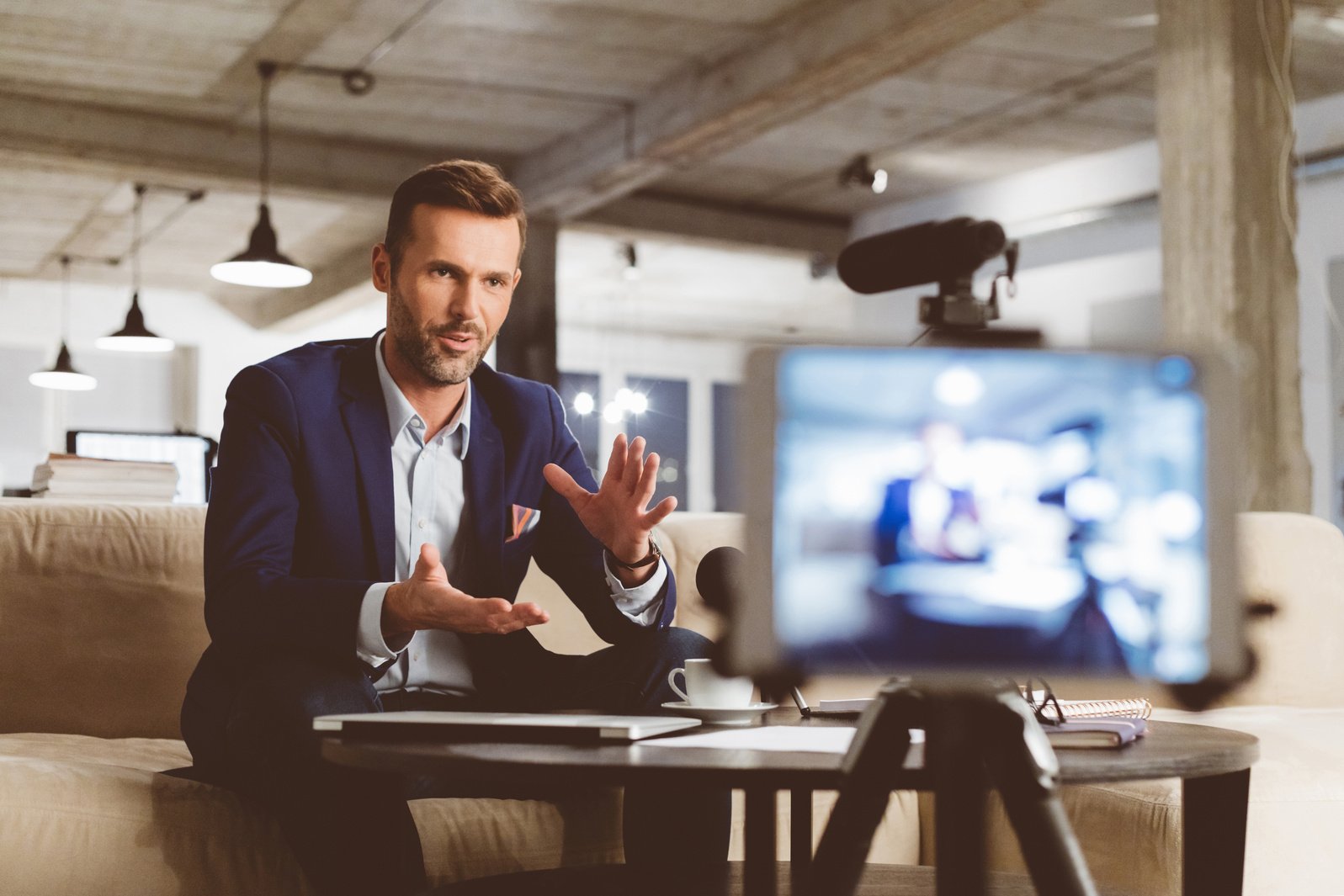 Businessman recording a video blog